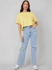 SHEIN BASICS Casual Solid Drop Shoulder Crop Tee