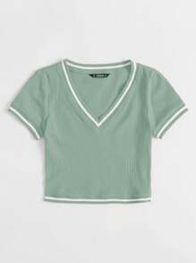 SHEIN EZwear Contrast Striped Rib-knit Crop Tee