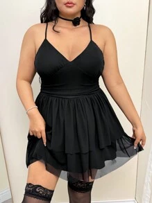 SHEIN ICON Falda midi negra de talla grande con escote en V, plisado en la cintura y doble capa