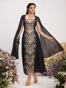Al Najma 女士花卉印花披肩袖优雅伊斯兰卡夫坦连衣裙 - 彩色 - 查看 1