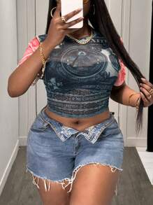 Slaydiva Plus Size Women's Money Print Sheer Mesh Short Sleeve Crop Top - Multicolor - View 3