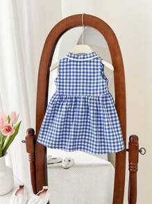 SHEIN Babygirl Summer Cute Vacation Blue Plaid Collar Dress - Blue and White - View 2