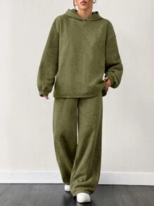 SHEIN EZwear 2pcs/Set Oversized Olive Green Thermal Lined Hoodie Sweatshirt And Wide Leg Sweatpants Sage Green Outfit Co Ords Sets Women Knit Set Olive Green Outfit Women Comfortable Two Piece Set,Fall,Fall Clothes For Women - Army Green - View 3