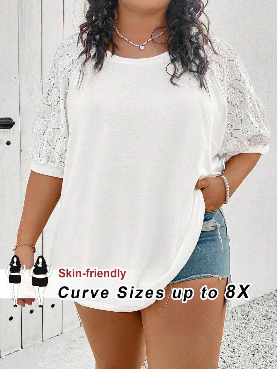 SHEIN CURVE+ Plus Size Women Top With Different Material Splicing,White T-Shirt - White - View 1