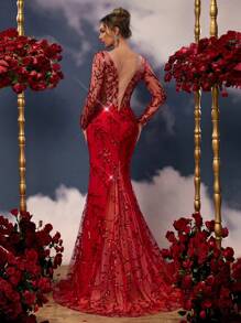 Glamrae Rochie elegantă, de lux, cu paiete, cu mâneci lungi, în față, adânc, decolteu în V, talie, ca plasă, tiv gol, sexy, cu fantă înaltă, sexy, asimetrică, transparentă, rochie mare, fără spate, în coadă de pește, potrivită pentru întâlniri, vacanțe, Ziua Îndrăgostiților, evenimente de nuntă și alte rochii de cină, rochie de petrecere, rochie de invitat de nuntă, rochie formală,