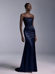 Elitara Elegant Sexy Navy Lace Top Chest See-Through Decoration Boned Breast Cup Fishtail Dress Shrink Pleated High Slit Stretch Bright Satin Heavy Industry Evening Dress Formal Prom Wedding Guest Gown, For Graduation, Dinner Party Dress - Navy Blue - View 5