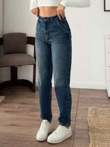 EURMUSE WOMEN HIGH WAIST MOM FIT JEANS - Dark Wash - View 5