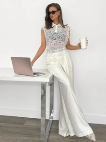 SHEIN Essnce Valentine's Day Lace Polo See-Through Bow T-Shirt Top Women's Casual Sleeveless Top, Fashion Minimalist Design For Everyday Wear - White - View 2
