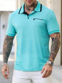 Manfinity Mode 男士数码印花仿口袋短袖 Polo 衫 - 水鴨藍 - 查看 4