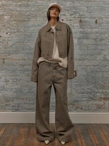 MUSERA Cropped Boxy Fit Long Sleeve Seam Detail Collared Denim Jacket Spring 90's Y2k Streetwear Summer Concert Streetwear Back To School Fall Autumn Winter Everyday Work Office Casual  Chic - Camel - View 4