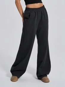 SHEIN Tall Wide Leg Elastic Waist Track Pants, Seam Design, Fall Clothes - Dark Grey - View 5
