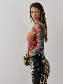 MUSERA Mesh Print Fitted Long Sleeve Top Ibiza Boho Festival Rave Going Out Top Fall Winter   Elegant Spring Summer Carnival - Multicolor - View 2