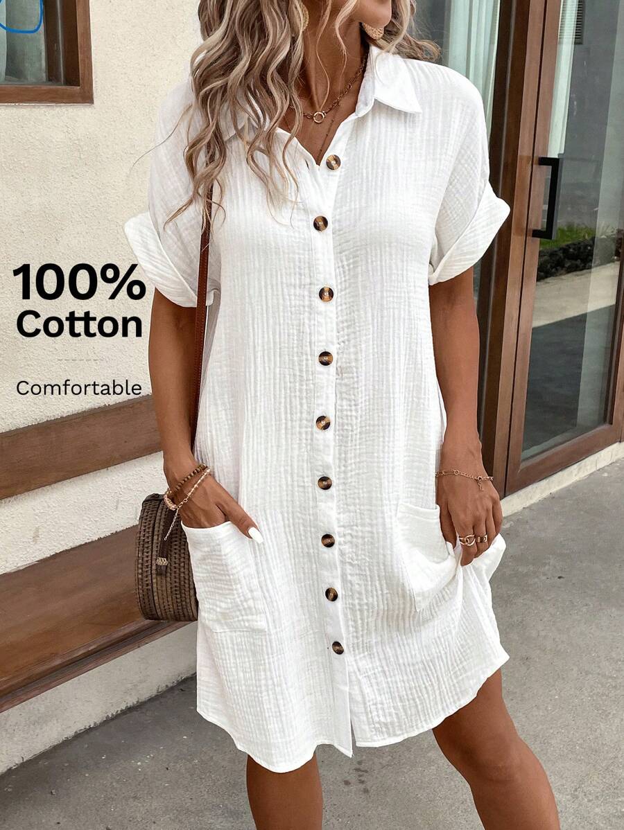 SHEIN LUNE 雙口袋蝙蝠袖襯衫連衣裙 - 白色 - 查看 1