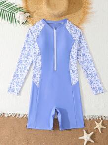 One-Piece Teen Girls Printed Splicing Zipper Swimsuit Long Sleeve Swimwear