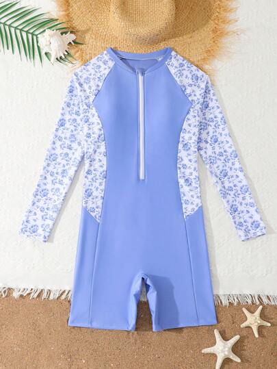 Đồ bơi một mảnh in họa tiết có khóa kéo dài tay cho bé gái tuổi teen