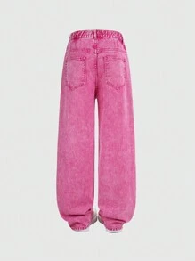 Teen Girls Y2K Style Washed Pink Distressed Wide Leg Loose Jeans - Hot Pink - View 2