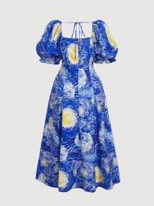 SHEIN MOD 大码夏季梵高“星夜”印花复古泡泡袖女式连衣裙，艺术系列度假野餐装 - 藍色 - 查看 2