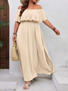 SHEIN VCAY Plus Size Holiday Ruffled Off Shoulder Dress,Beach Dress Sundress,Holiday Outfits Boho - Apricot - View 5