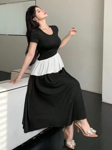 DAZY Vestido de largo medio con volantes asimétricos, patchwork y contraste de colores para mujer - Negro - Ver 6