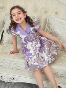 Purple Jacquard Girls Vintage Garden Elegant Ruched Collar Puff Sleeve A-Line Dress, Suitable For Summer Party & Wedding, Young Girl Formal Dress - Purple - View 6