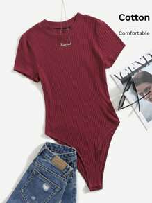 SHEIN EZwear Mock-neck Rib-knit Bodysuit - Burgundy - View 6