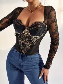 Zolique Camiseta de encaje con corsé de manga larga y sexy para fiesta, simple y elegante para uso casual diario, Día de San Valentín, verano para mujeres, top con corsé para mujeres, top para salir para mujeres, blusa vintage de otoño para mujeres - Negro - Ver 5