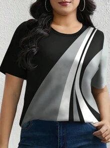 SHEIN Plus Size Women's Summer Casual Round Neck T-Shirt With Random Floral Print, Versatile For Shopping And Vacation