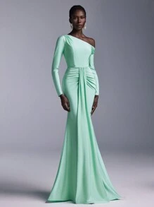 Elitara 优雅奢华弹力针织泳衣，褶皱长袖，美人鱼尾巴设计，适合婚礼、单身派对、节日、舞会、伴娘礼服（成人） - 薄荷綠 - 查看 4