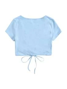 Muchica تي شيرت مكشكش برباط وبلون موحد - أزرق فاتح اللون - مشاهدة 2