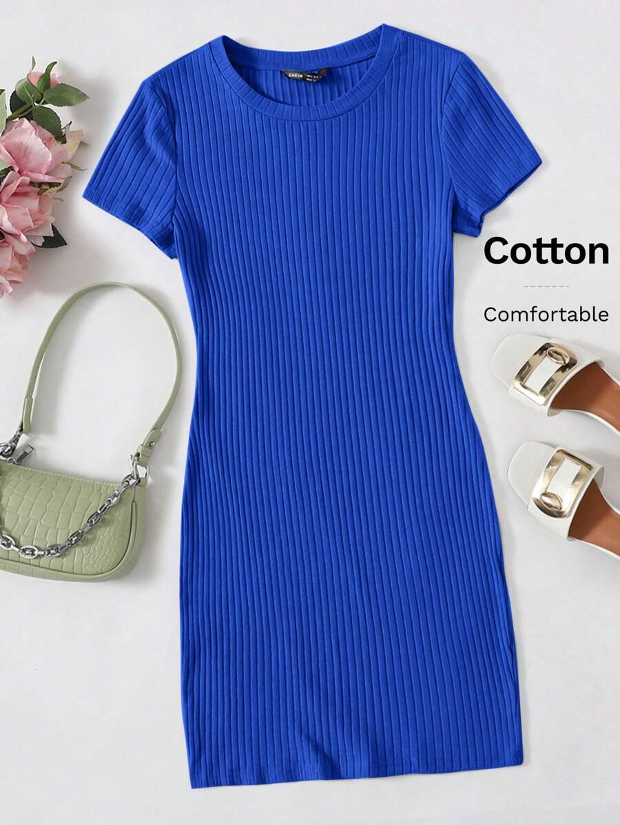 SHEIN EZwear Vestido ajustado tejido de canalé unicolor - azul real - Ver 1