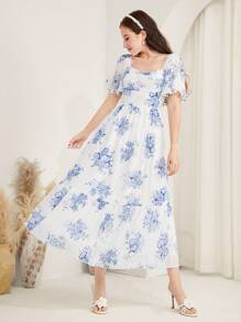 SHEIN 少女复古蓝白花卉印花荷叶边袖 A 字长裙，松紧腰优雅度假裙，适合情人节、度假风格、假日休闲、女童连衣裙、夏季/女童夏季服装/夏季服装、公主女童连衣裙 - 淺藍色 - 查看 7