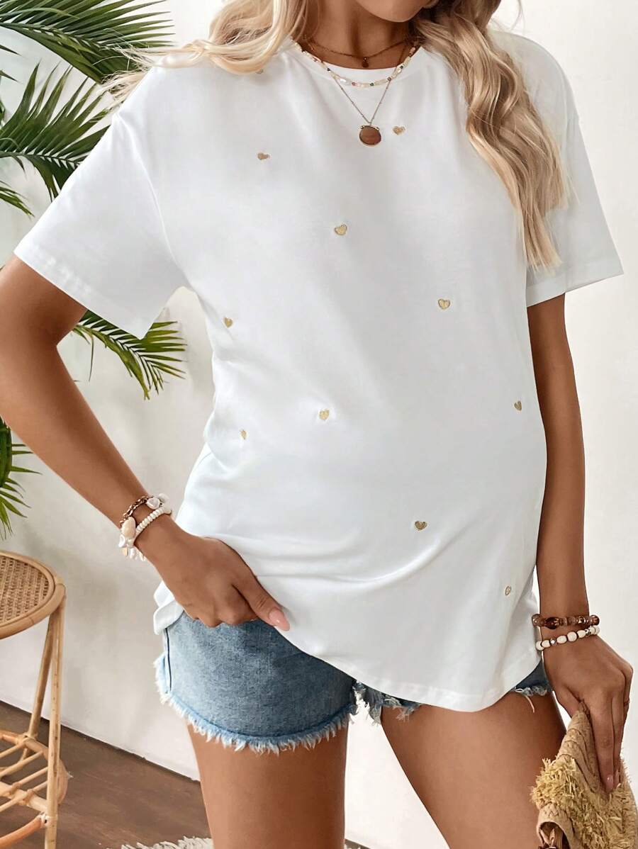 SHEIN Pregnant Women Heart Embroidery Short Sleeve Casual T-Shirt, Vacation