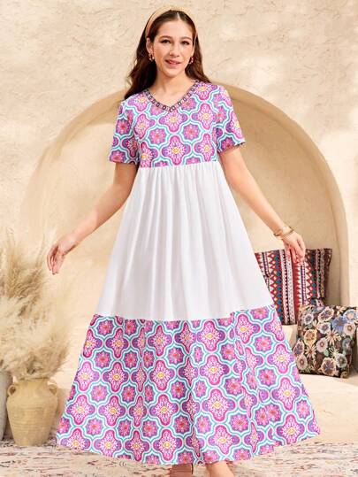 SHEIN 宽松款式花卉印花拼布彩色无袖长袍，适合少女穿着，适合度假、聚会休闲