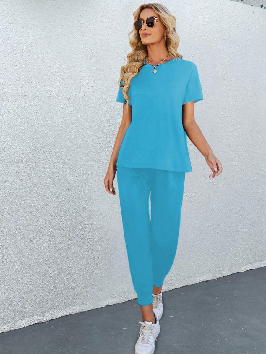 SHEIN LUNE 女式平纹针织休闲度假抽绳短袖上衣和裤子套装，轻便，两件套 - 淺藍色 - 查看 1