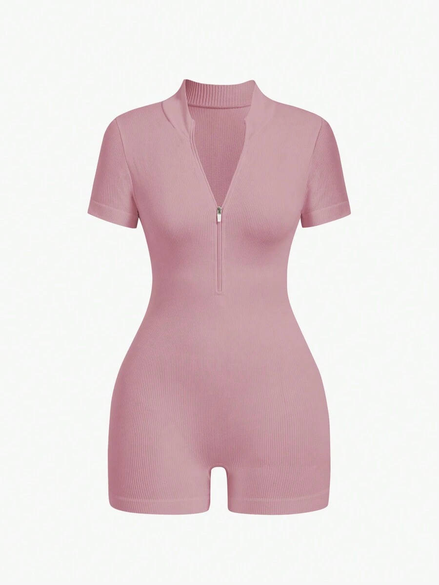 Sovereign Charm Short Sleeve Zip-Up Romper, Solid Color - Pink - View 1