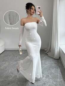 Chiquease New Elegant French Style Date/Office Dress. White Shiny Open Shoulder Mesh Insert Ruffle Decor Long Sleeve Bodycon Dress - White - View 4