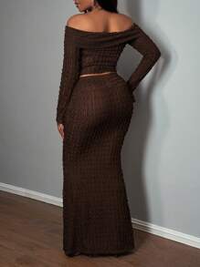 Slaydiva 优雅派对露肩长袖上衣和裙子女士套装 - A - 棕色 - 查看 2