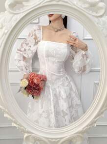 Feyla 女士方领长袖花卉提花优雅中长连衣裙 - 白色 - 查看 4