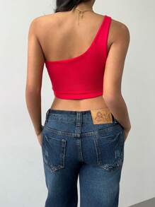 SHEIN BASICS 2 piezas Top corto ajustado de un solo hombro de punto de unicolor informal para mujer