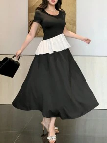 DAZY Vestido de largo medio con volantes asimétricos, patchwork y contraste de colores para mujer - Negro - Ver 4