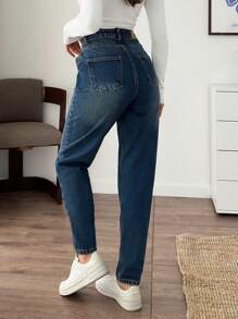 EURMUSE WOMEN HIGH WAIST MOM FIT JEANS - Dark Wash - View 2
