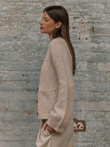 MUSERA Knit Longline Crew Neck Front Pockets Button Up Cardigan
