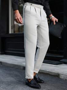 Manfinity Mode Men's Plain Button Pocket Pleated Casual Pants, Basic Everyday Wear - Beige - View 7