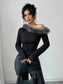 Selianne Áo thun nữ mùa thu xếp nếp bất đối xứng vai chắp vá mềm mại - màu đen - Xem 6
