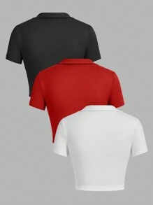 SHEIN EZwear 3 件女式 V 领 Polo 修身短款休闲 T 恤，适合夏季 - 彩色 - 查看 2