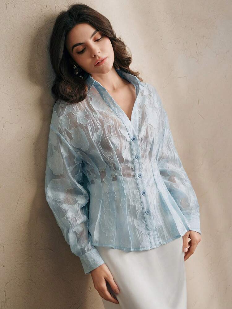 Elegant Jacquard Cut-Out Gathered Waist Lantern Sleeve Women's Blouse Top, Spring, Summer, Festival, Going Out, Vacation