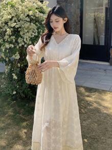 DAZY Vestido de verano y otoño/invierno de corte A con decoración floral bordada y con volantes de estilo francés elegante para mujer - Albaricoque - Ver 6