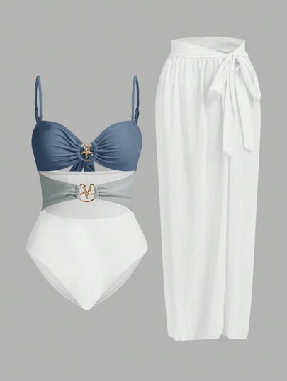 Swim Oasis Conjunto de traje de baño de una pieza con escote tipo straple y falda tipo pareo, en estilo minimalista de bloques de color, para usar en la playa y de vacaciones de verano