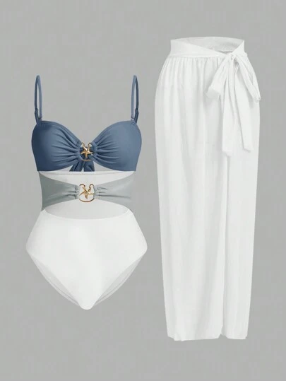 Swim Oasis Women Colorblock Cut Out Spaghetti Strap One-Piece Swimsuit & Cover Up Skirt Co-Ord Set, Minimalist Style, For Summer Beach Vacation