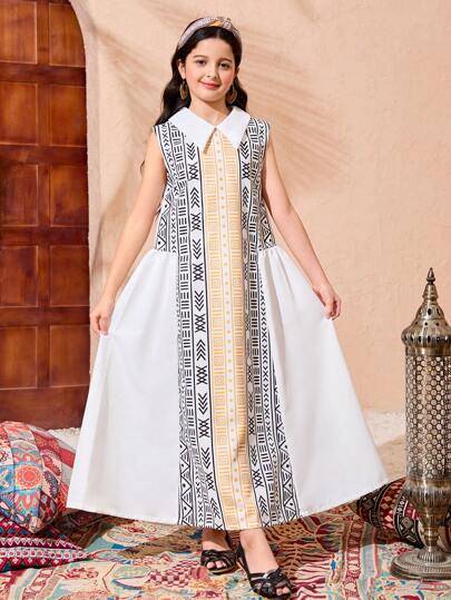 女童白色领口正面印花和侧边拼接褶皱下摆修身连衣裙